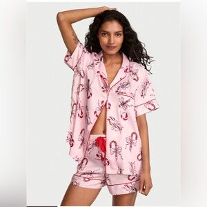 Victoria’s Secret Pink Glazed Satin Candy Cane Bow Pajama Set NWT, Holiday Gift